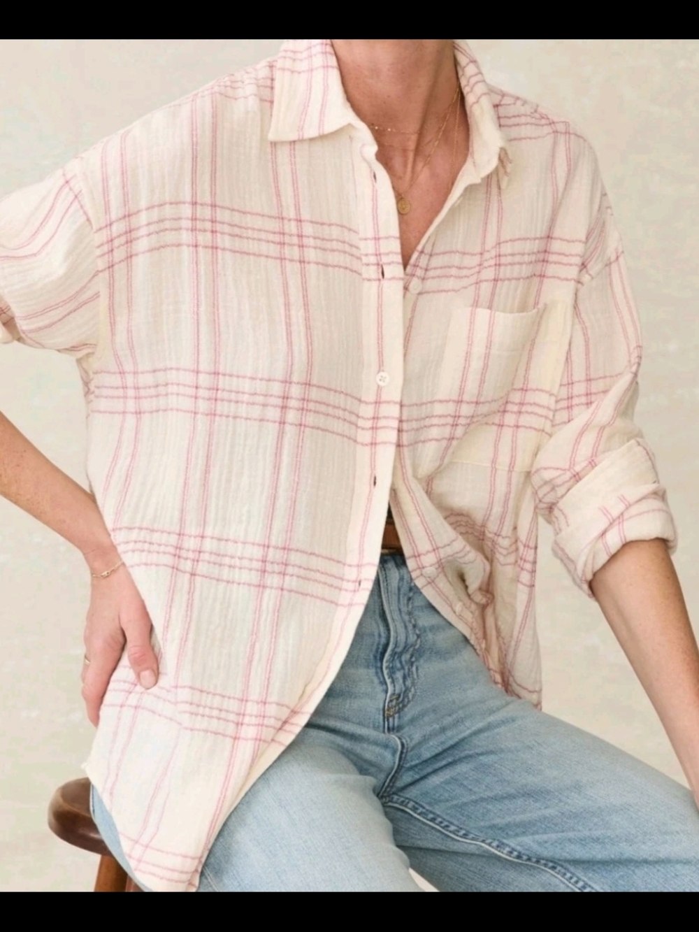 Faherty Cream Button-Down Shirt with Pink Plaid